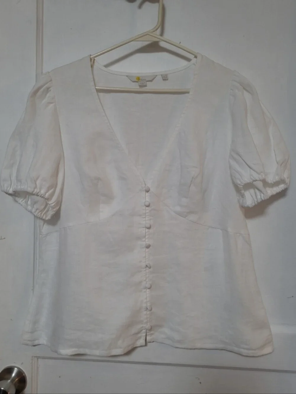 Boden Linen White Puff Sleeve Button-Front Blouse 12 LARGE
